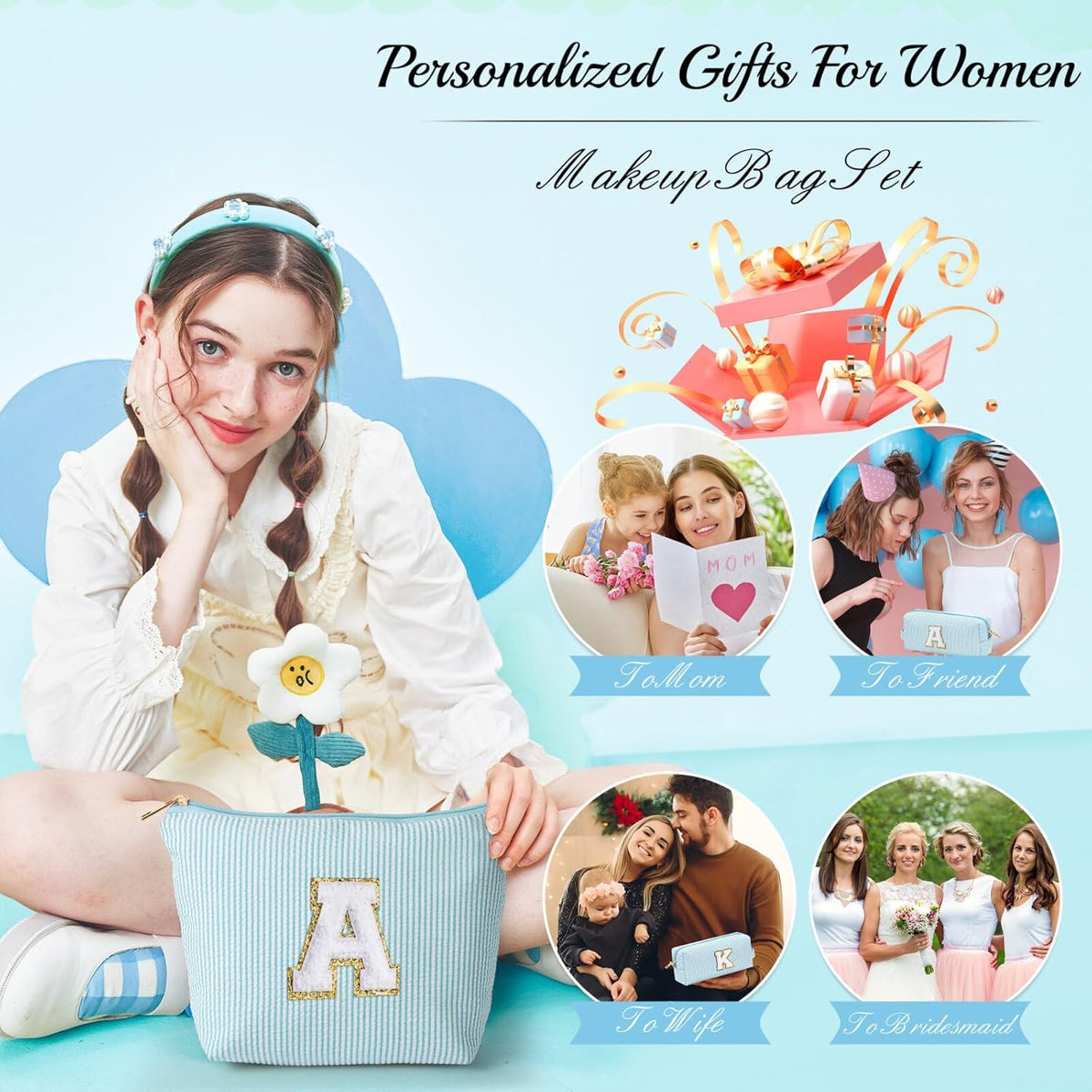 YOOLIFE Personalized Gifts for Women, Travel Makeup Bag Cosmetic Bag Skin Care Bag Cute Makeup Bag Sister Wife Friend Engagement Wedding Gifts for Women Tween Girls Trendy Stuff Thank You Gift N