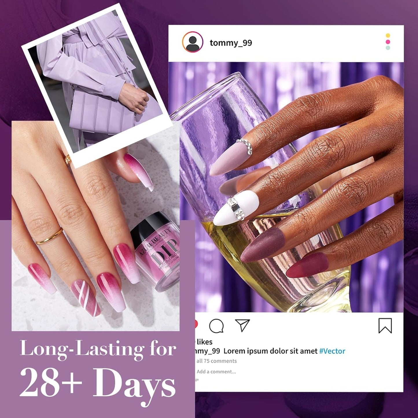 AZUREBEAUTY Dip Powder Nail Kit Dark Purple Lilac Purple Glitter 4 Colors Dip Liquid Set with Base/Top Coat Activator for French Art Manicure DIY Gift