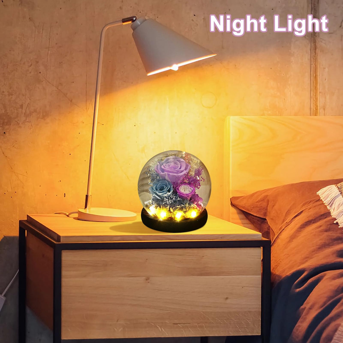 GiftGuru Mothers Day Flowers Delivery Prime, Roses in Glass Dome with LED Light - Gifts for Mom Grandma Her Girlfriend Wife