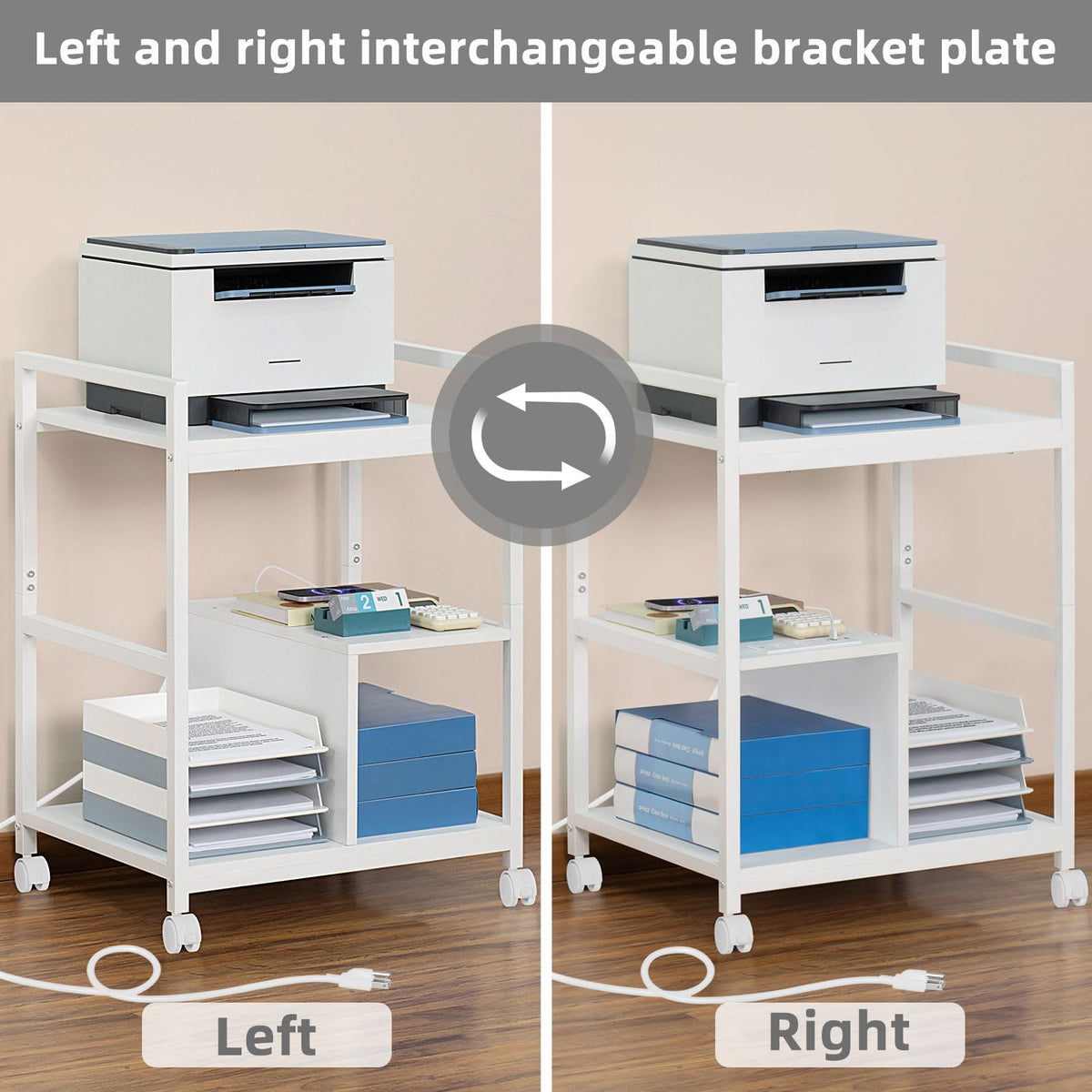 Lerliuo Printer Stand with Charging Station and USB Ports, Large 3-Tier Mobile Printer Table with Storage Shelf, White Rolling Industrial Printer Cart with Lockable Wheels for Home Office