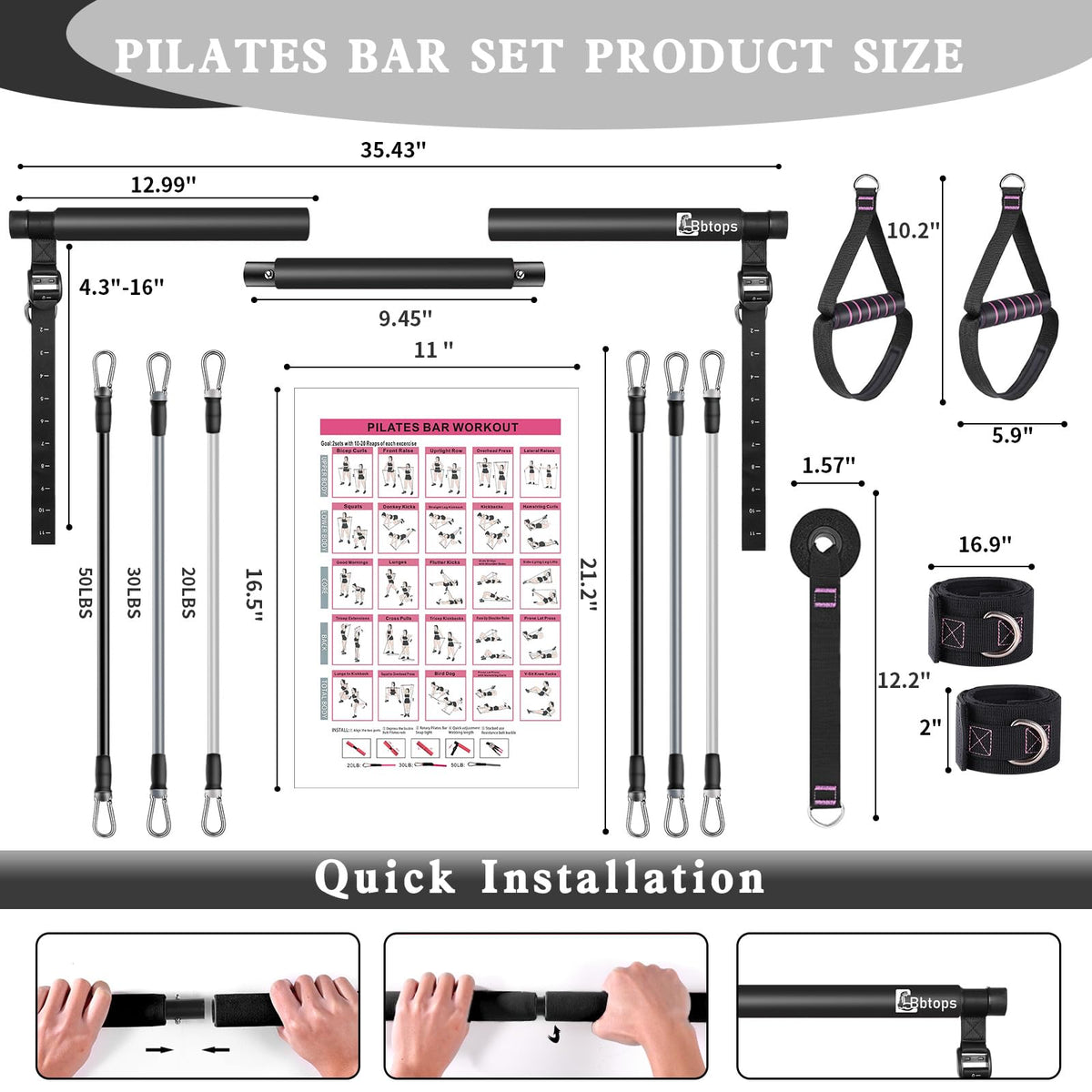 Bbtops Pilates Bar Kit with Resistance Bands, Flexbands Kit Exercise Fitness Equipment for Women & Men Home Gym Yoga, Multifunctional Pilates Bar Full Body Workout Equipment Black
