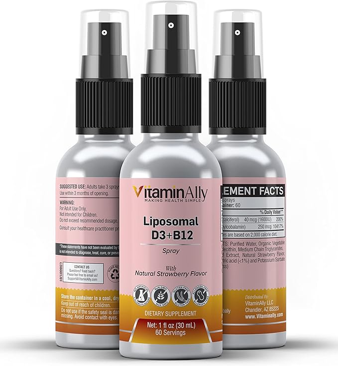 Liposomal Liquid Vitamin D3 + Vitamin B12 Spray |2 Month Supply|1 fl oz|Non-GMO |Sugar Free|Travel Friendly|Immune Support, Bone Health, Supports Energy, Brain Function