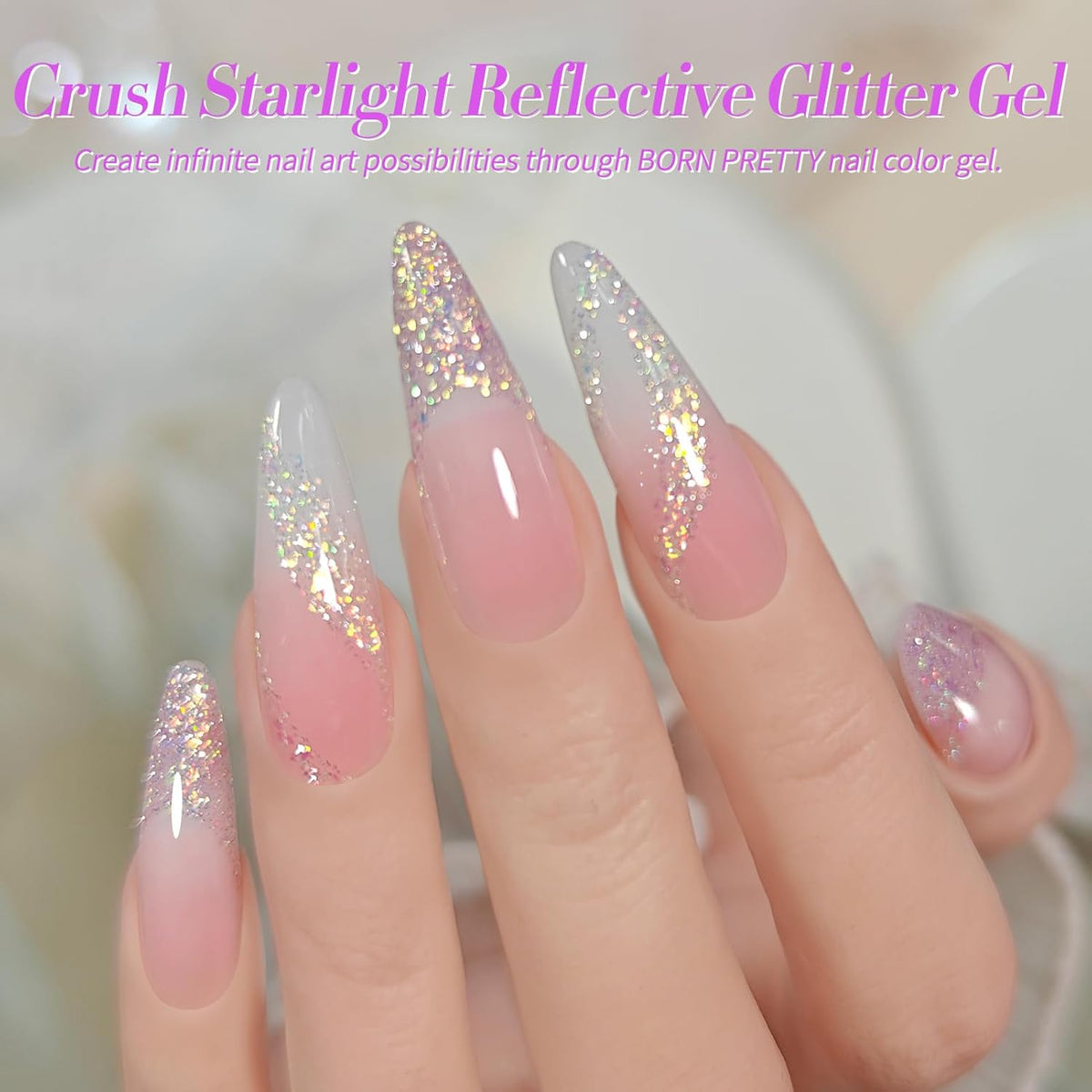 Born Pretty Reflective Glitter Gel Nail Polish, 6 Spring Light Colors Holographic Gel Polish Long Lasting Sparkly Shiny Nail Polish U V Set for Manicure and Nail Art, DIY at Home, Salon-Quality 7ml
