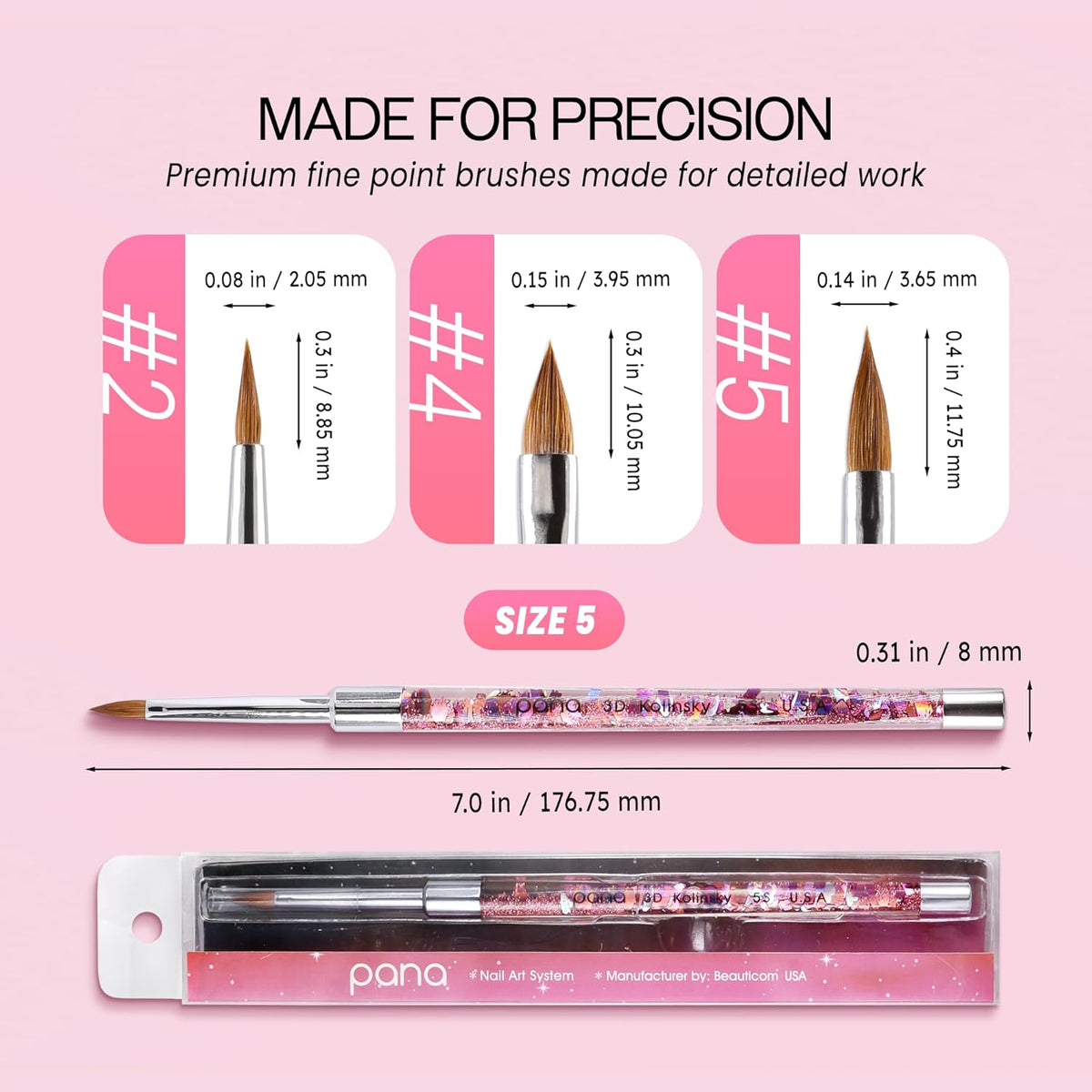 PANA 3D Kolinsky Nail Art Brush - Pink Glitter Handle, Size 5 - Acrylic Nail Art Sculpture Brush for Manicures Pedicure Salon Professional or Beginner