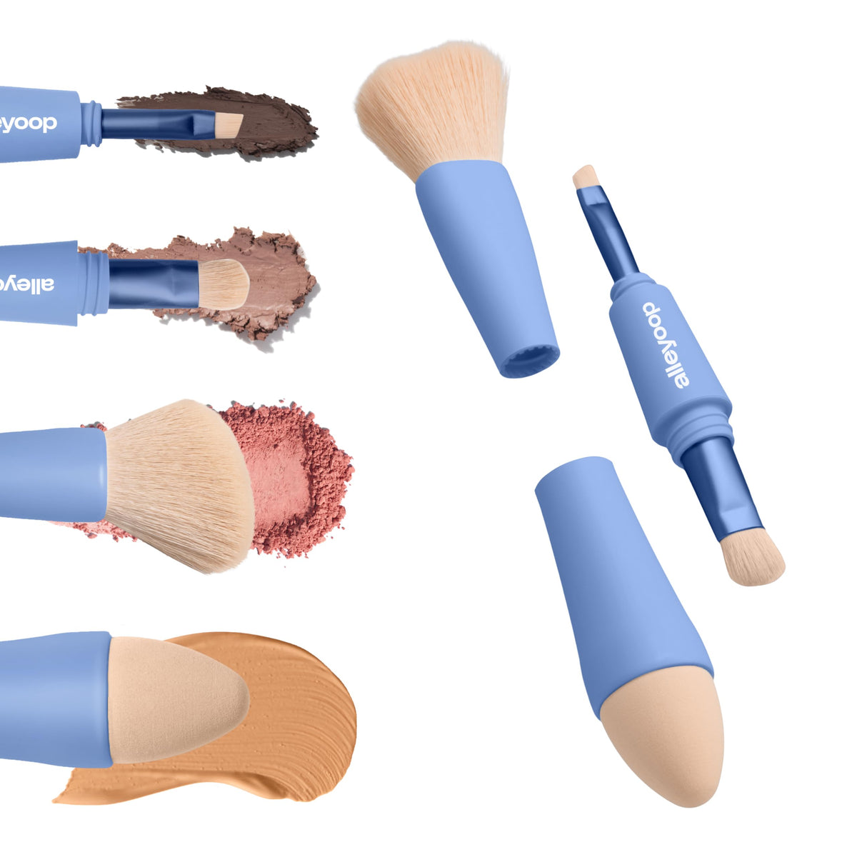 Alleyoop Multi-Tasker 4-in-1 Travel Makeup Brush Set – Compact Makeup Brushes with Blending Sponge, Eyeshadow, Eyebrow & Liner, Blush & Bronzer Brush – Mini Makeup Tools Kit for Women, Vegan