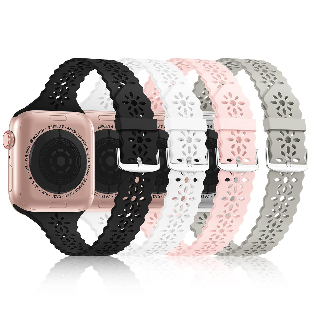 Bandiction 4 Pack Lace Silicone Bands Compatible with Apple Watch Band 38mm 40mm 41mm 42mm 44mm 45mm 46mm 49mm, Women Slim Thin Hollow-out Wristband for iWatch Series 10 9 Ultra 8 SE 7 6 5 4 3 2 1