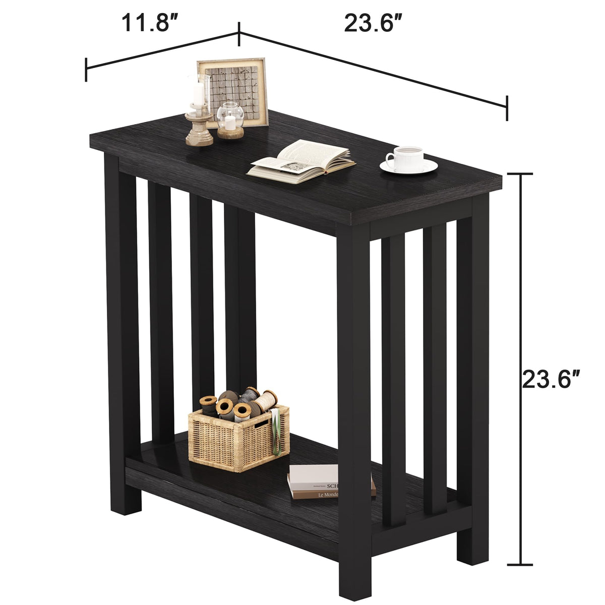 ChooChoo Mission End Tables Set of 2, Narrow Side Tables for Small Spaces, Night Stands with Storage Shelf for Living Room and Bedroom, Black
