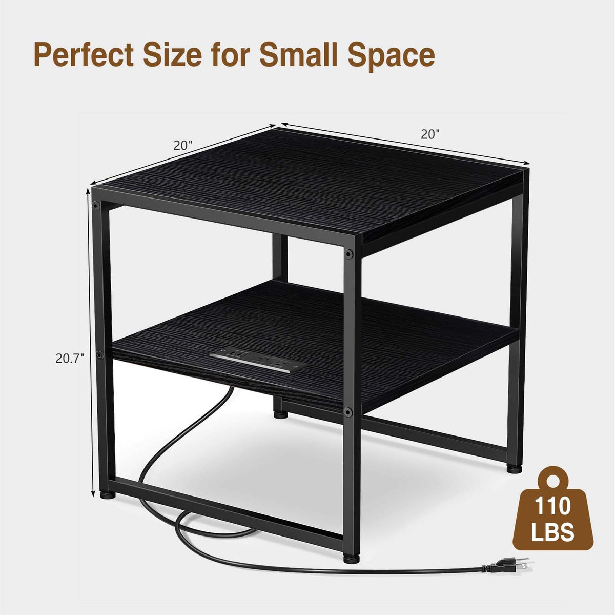 Tatub 20" End Table with Charging Station, Industrial Square Side Table with USB Ports & Outlets, Versatile 2-Tier Small Nightstand for Bedroom Living Room, Black