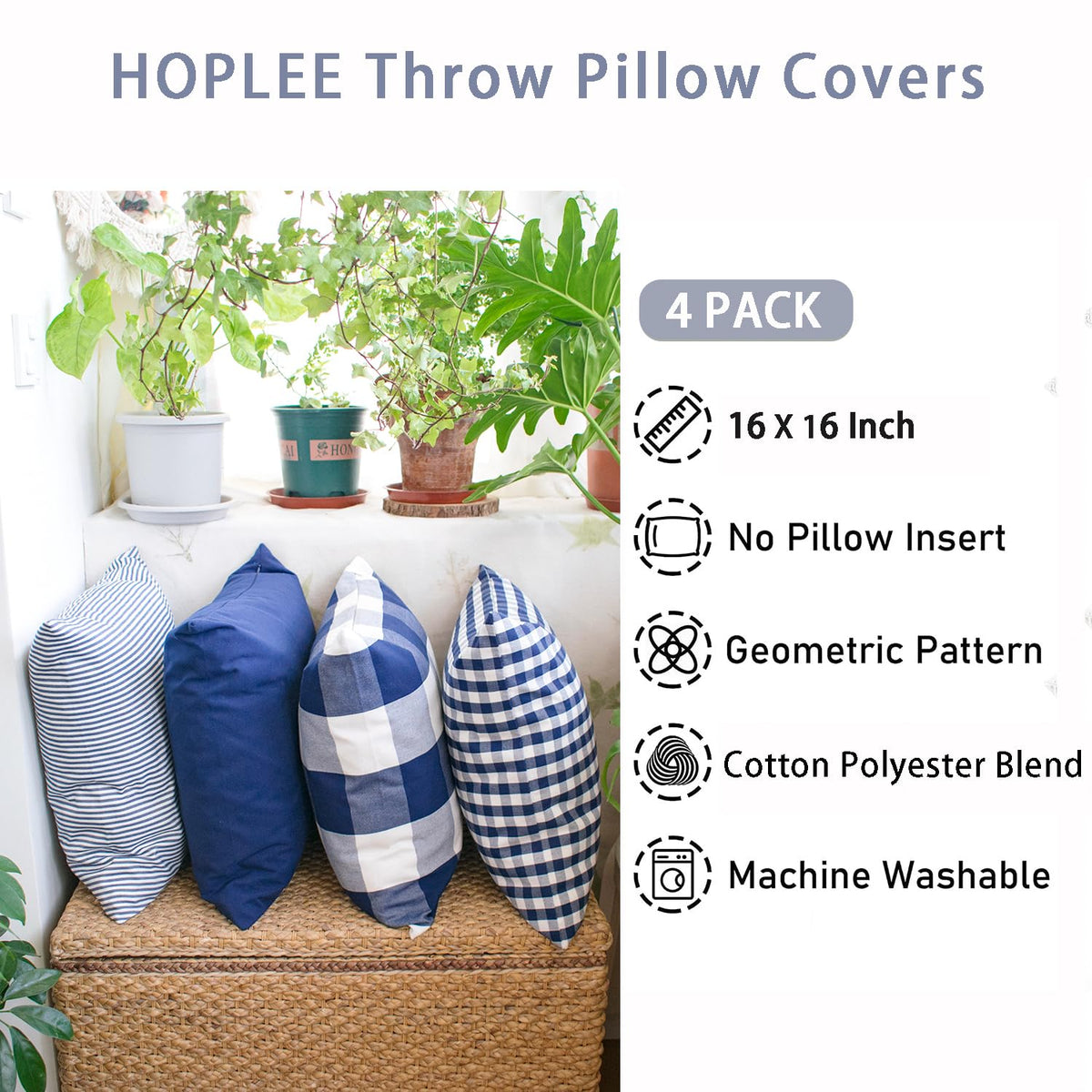 HOPLEE Navy Blue Decorative Pillow Cover 16x16 Pillow Cover with Buffalo Plaid, Solid Navy Blue, Tricking Stripe and Gingham Plaid Design 16x16 Inches Set of 4