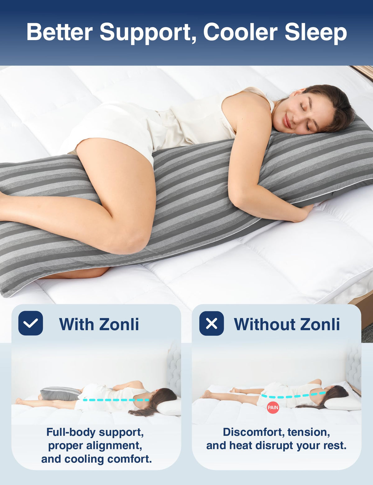ZonLi Cooling Body Pillow for Adults, Long Pillow for Bed, Firm Body Pillow for Side Sleeper, Memory Foam Full Length Body Pillows Large -20x54 inch, Stripe
