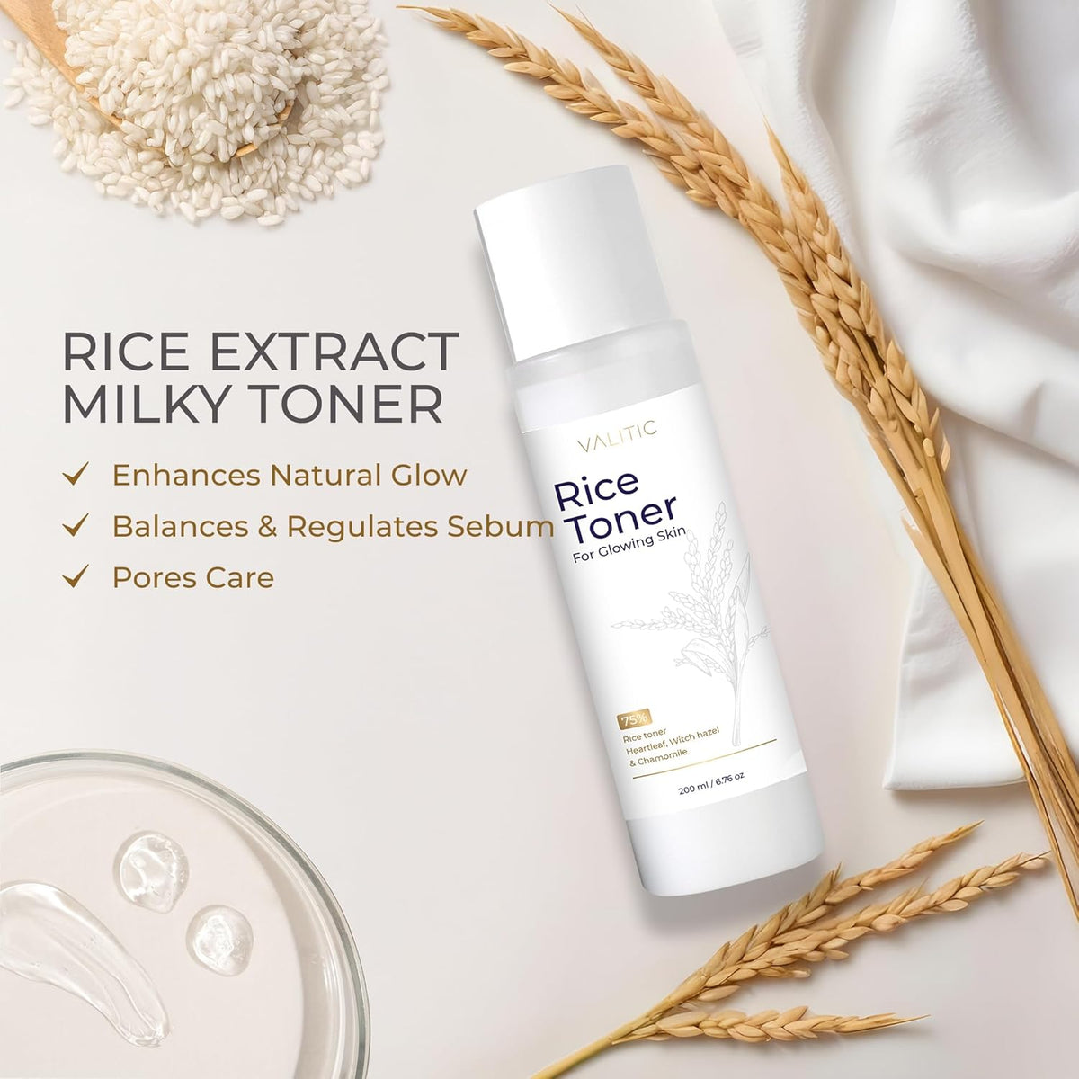 VALITIC Rice Toner - 75 Rice Extract Milky Toner for Face with Niacinamide, Heartleaf, Witch Hazel and Chamomile Essence - Facial Glass Skin Hydrating Skin Care - 200 ml, 6.76 fl oz