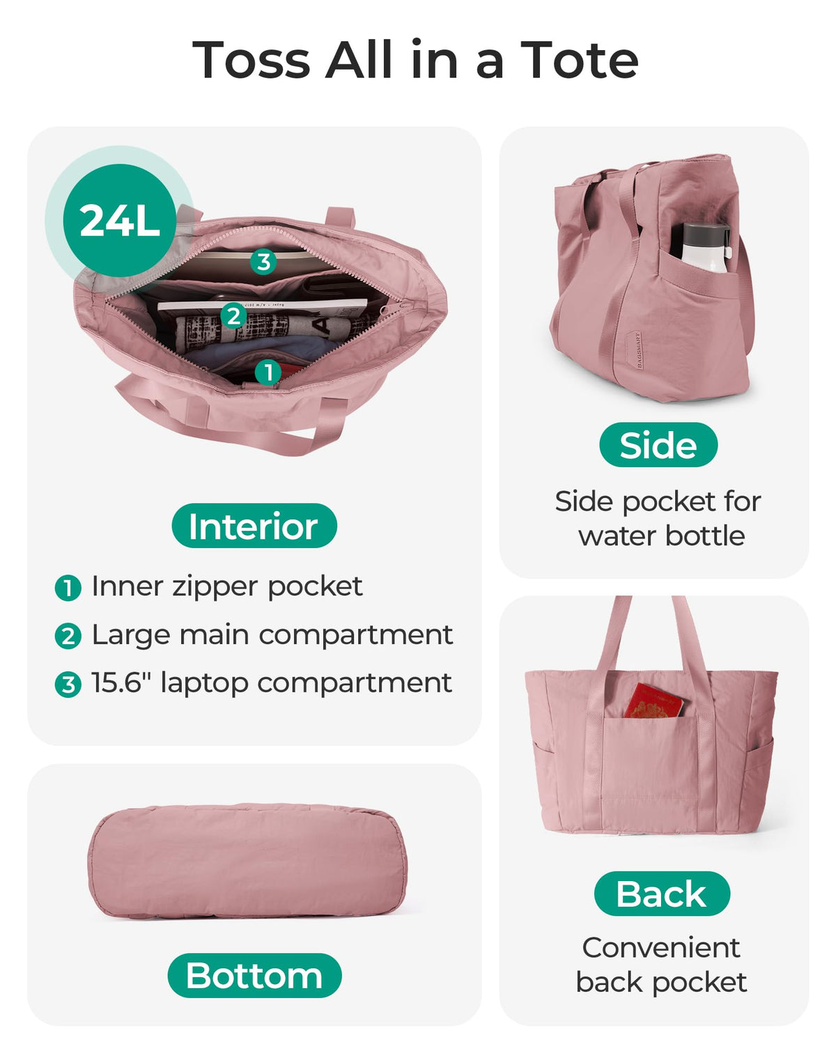 BAGSMART Tote Bag for Women with Zipper, Gym tote with Compartments, Work Tote Nurse Dance Yoga Bag for Travel