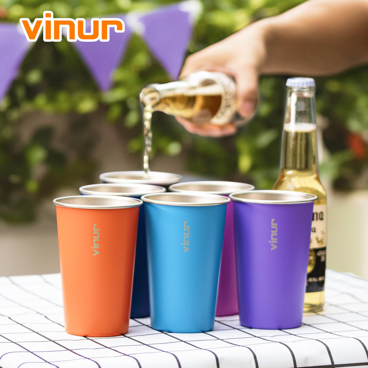 VINUR 16 oz Stainless Steel Cups 4 Pack Pint Tumbler Stackable Metal Drinking Glasses for Travel, Camping, Outdoors (Royal Blue-Canyon Red-Black-Purple Pink)