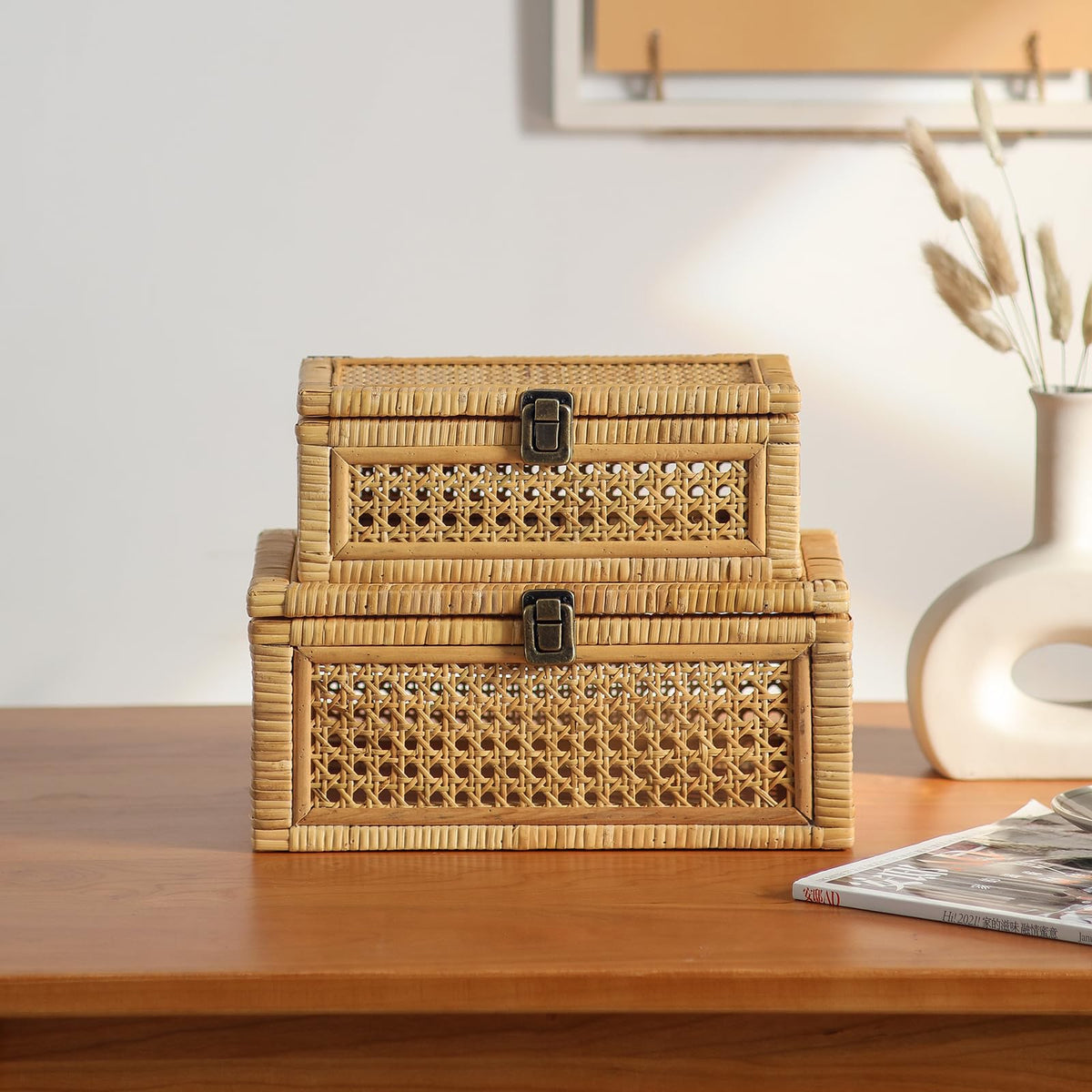 HuiDao Rattan Decorative Box, Boho Display Boxes with Lids, Set of 2 Rectangular Wicker Storage Basket, Natural Woven Cane Bins for Home Decor (Rectangular)