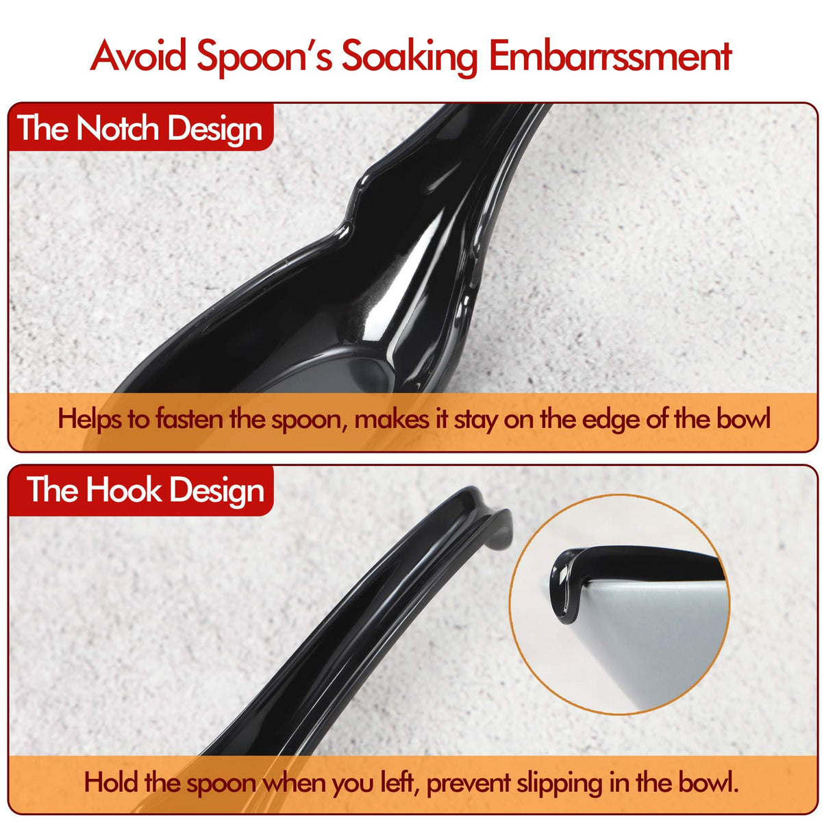 Hiware 12-piece Asian Soup Spoons, Rice Spoons, Chinese Won Ton Soup Spoon - Notch and Hook Style, Black