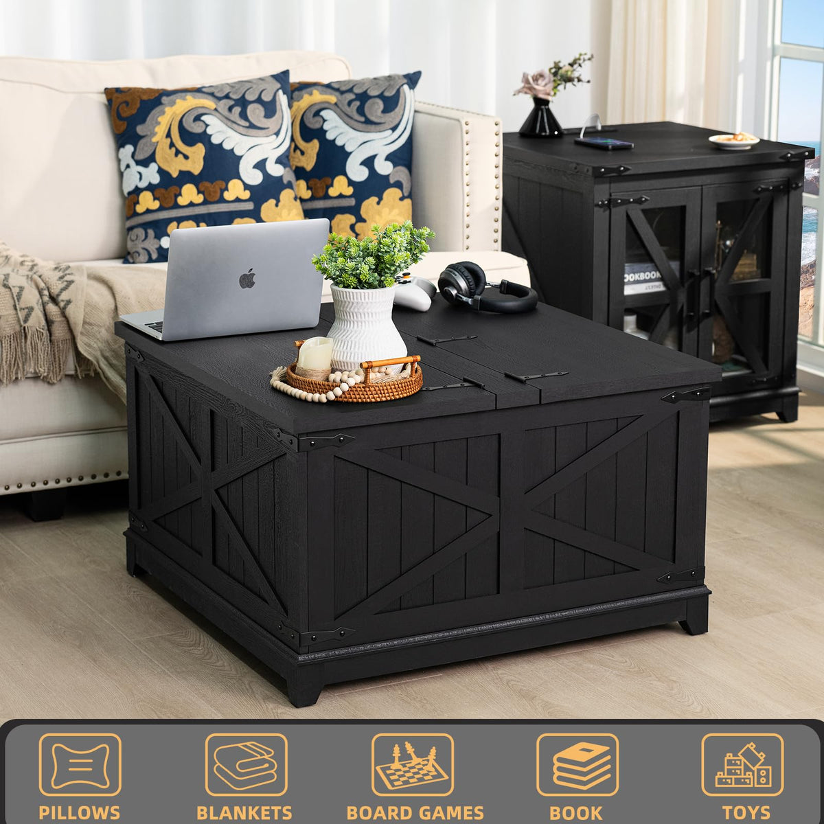 Joaxswe Farmhouse Coffee Table with Hidden Storage Organizer, Black Square Large Center Table, Wood Farm House Low Modern Living Room Tables with Hinged Lift Top for Home, Office