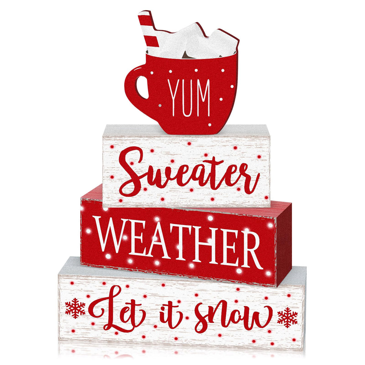 Marsui 4 Pcs Christmas Wooden Tabletop Decor Neutral Christmas Decor Rustic Wooden Hot Cocoa Block Sign Cozy Winter Decorations Gift Farmhouse Xmas Table Centerpiece for Home Office Desk Tiered Tray