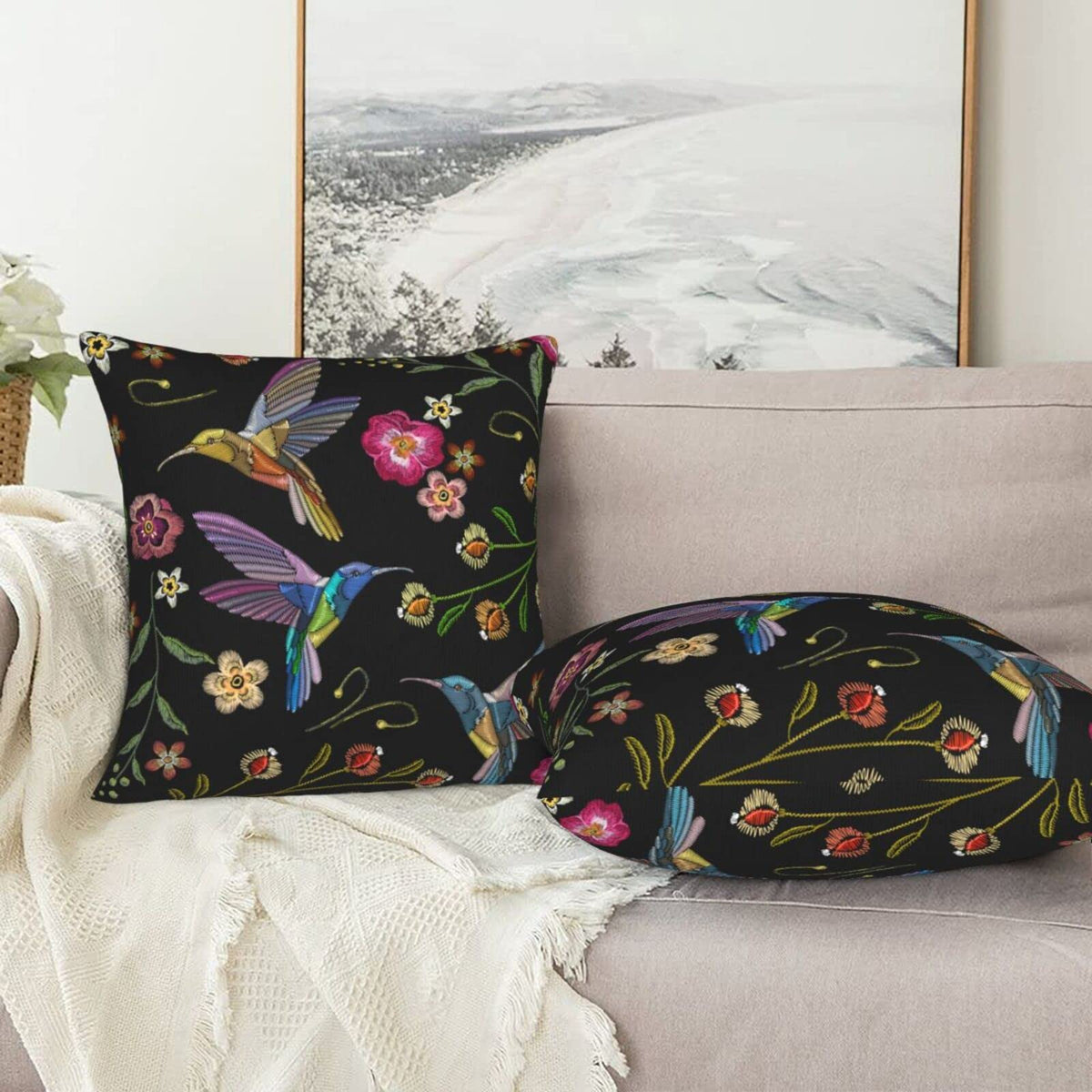 Abucaky Pillowcase Set of 2 Hummingbirds and Exotic Flowers Throw Pillow Covers Shells for Couch Office Bedroom Home Decoration, 20"X20"