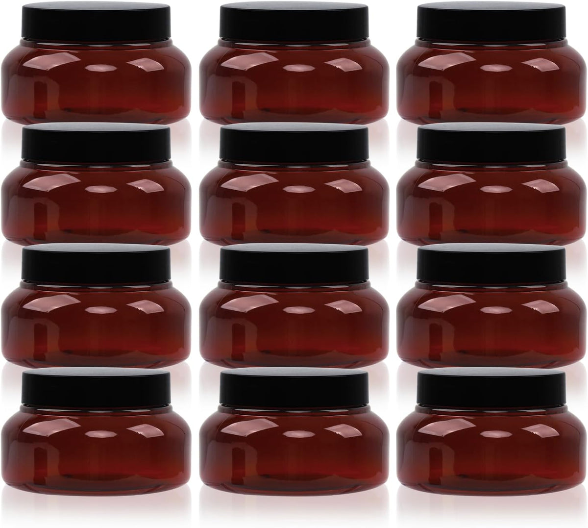 Amber Plastic Jars with Lids, 12 Pack Brown Body Scrub Jars Empty Refillable Containers Round Low Profile Samples Jars for Lotion, Body Butter, Sugar Scrub, Cream (7 OZ)
