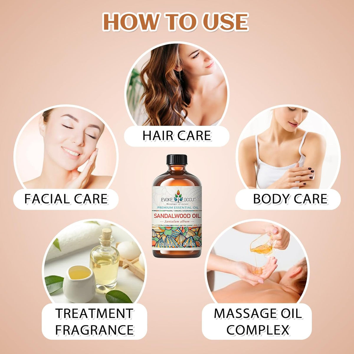 EVOKE OCCU Sandalwood Essential Oils for Skin Care, Diffuser, Perfume, Candle and Soap Making - 4 FL Oz