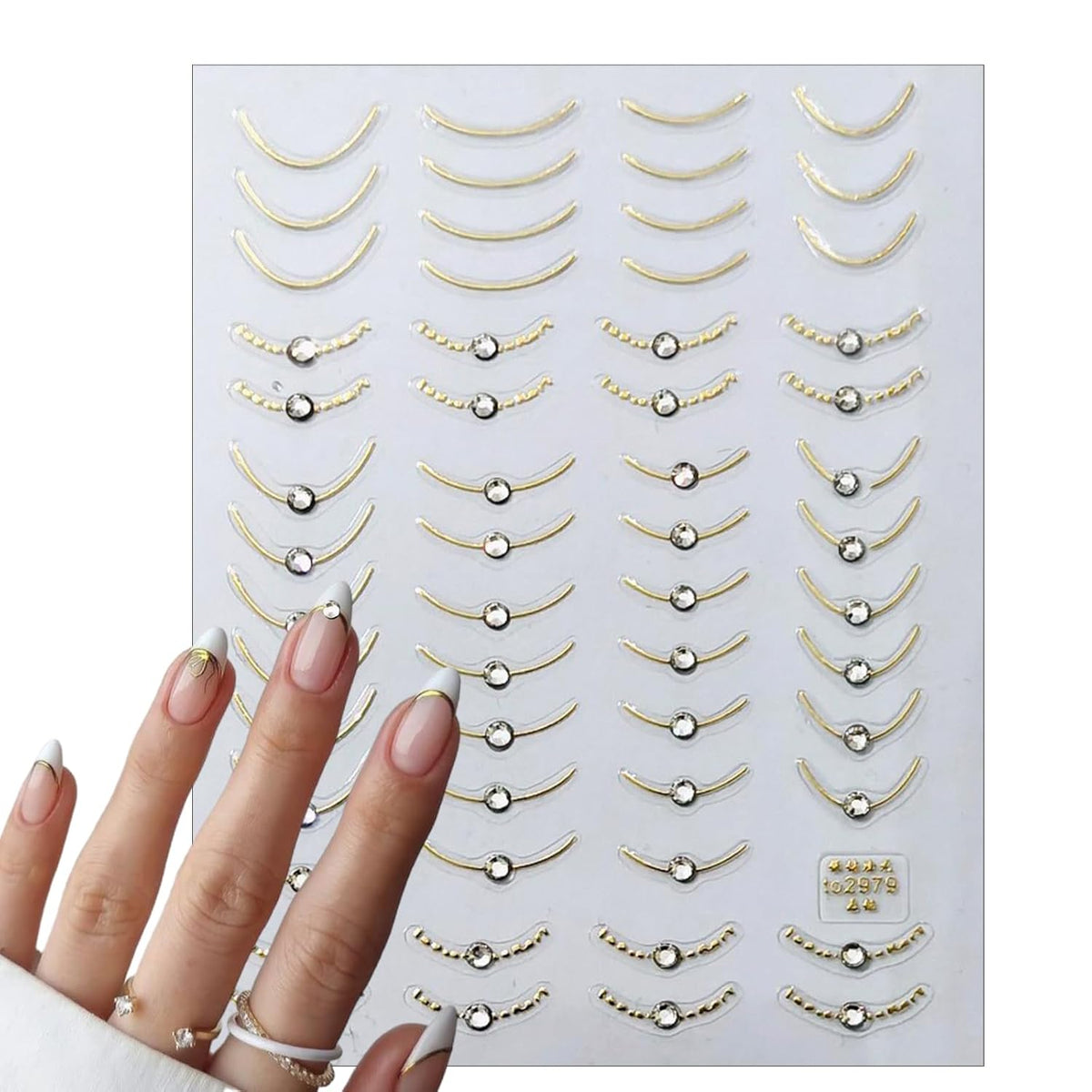 2 Sheets French Tips Nail Art Stickers - 5D Holographic French Simple Gold Silver Line Nail Stickers with Crystal Diamond Design Nail Decals for Women Manicure Decorations