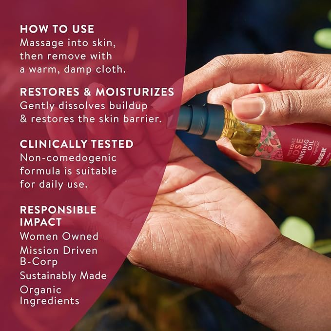 Badger Rose Face Cleansing Oil, Organic Facial Cleanser & Makeup Remover, Non-Greasy Moisturizing Skin Balancing Gentle Face Cleanser w/Pure Rose Oil, 2 fl oz Glass Bottle