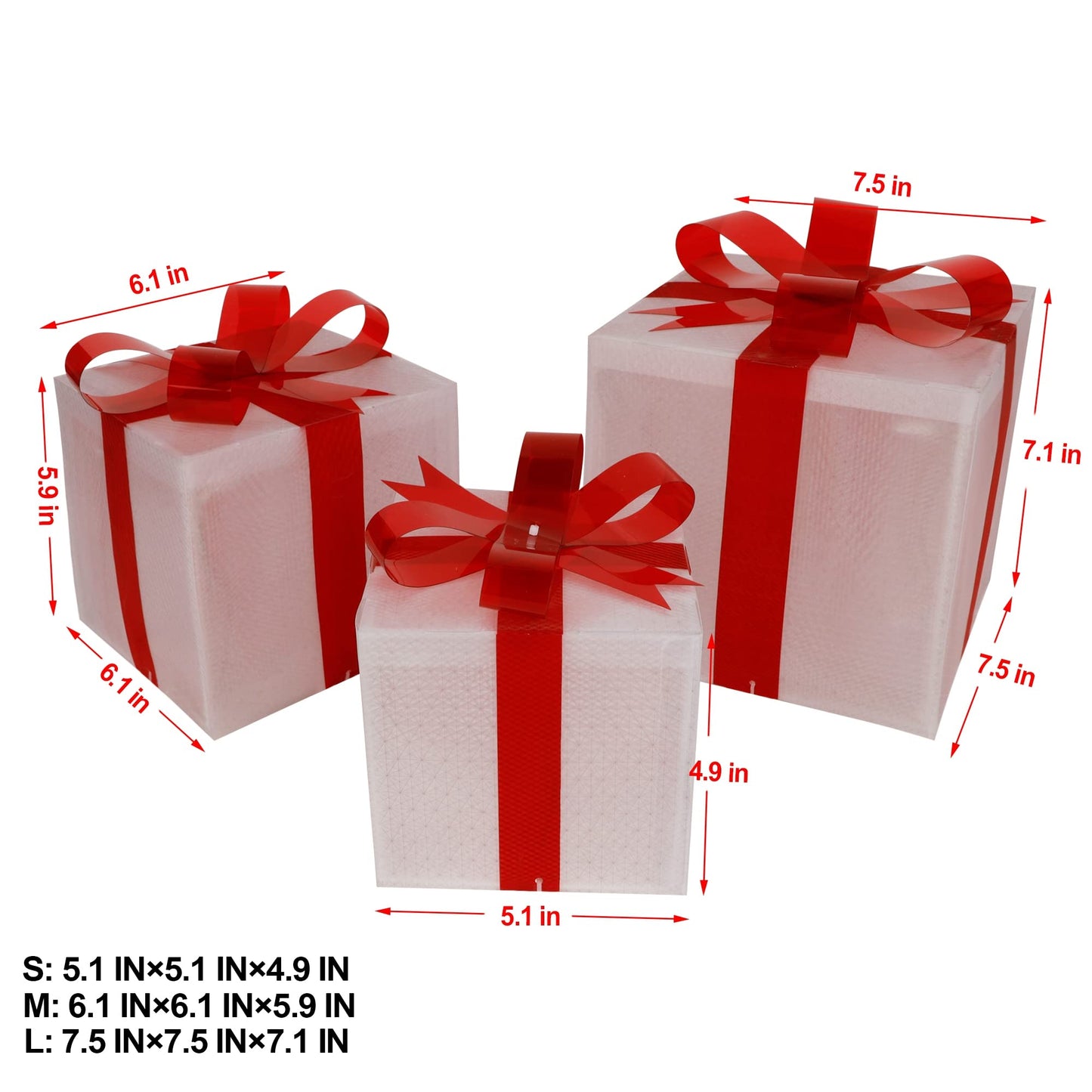 Lulu Home Christmas Box Decorations, Set of 3 Light Up Boxes with Red Bows, Plug-in 60 LEDs Warm White Lighted Xmas Boxes for Christmas Tree Holiday Indoor Outdoor Decors