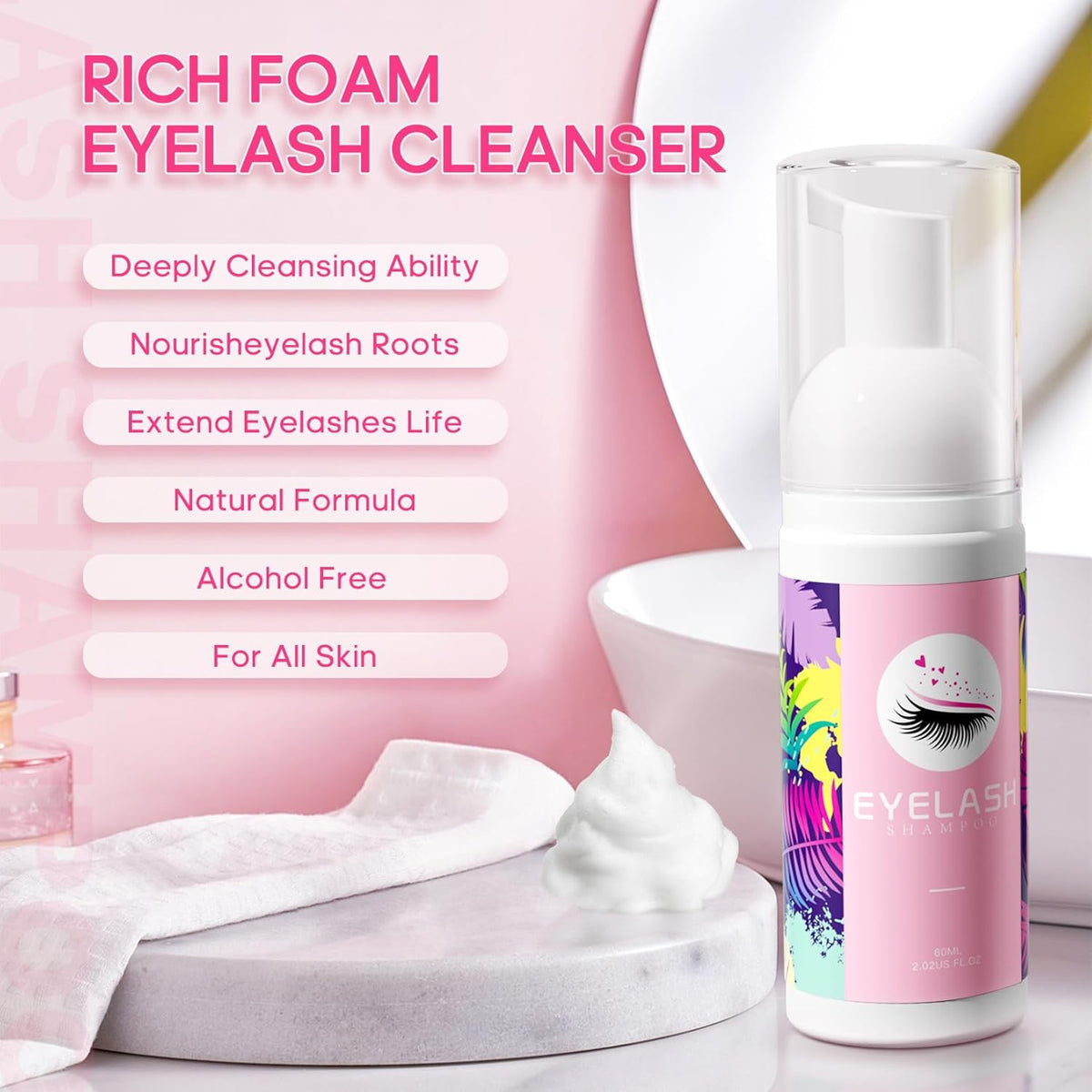 Buqikma Lash Cleaning Kit - Lash Shampoo Kit Eyelash Extension Cleanser for Extensions 60ML with Rechargeable Handheld Lash Fan Dryer Mascara Brush Rinse Bottle Makeup Cleansing Foam for Lash Care