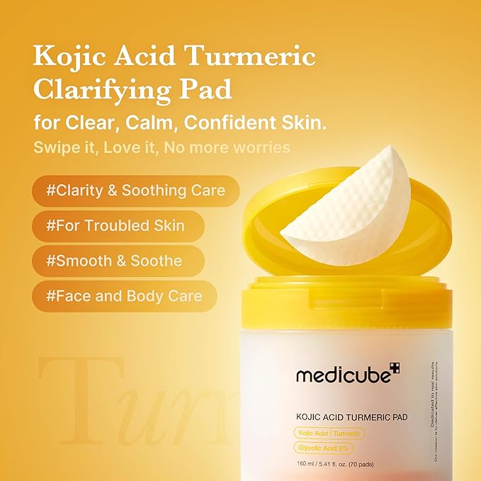 medicube Day & Night Kojic Acid Duo: Kojic Acid Turmeric Brightening Gold Jelly Gel Mask and Kojic Acid Turmeric Clarifying Toner Pad
