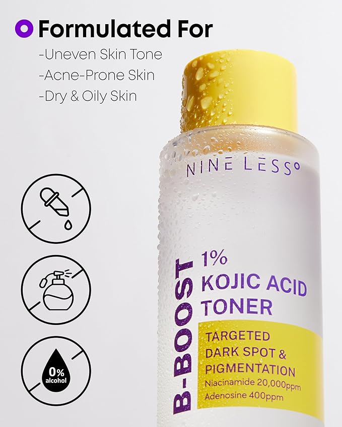 NINELESS B-Boost 1% Kojic Acid Toner with 2% Niacinamide for Dark Spot Correction - Korean Skincare for All Skin Types - Formula with Adenosine & Probiotics - 6.76 fl. oz.