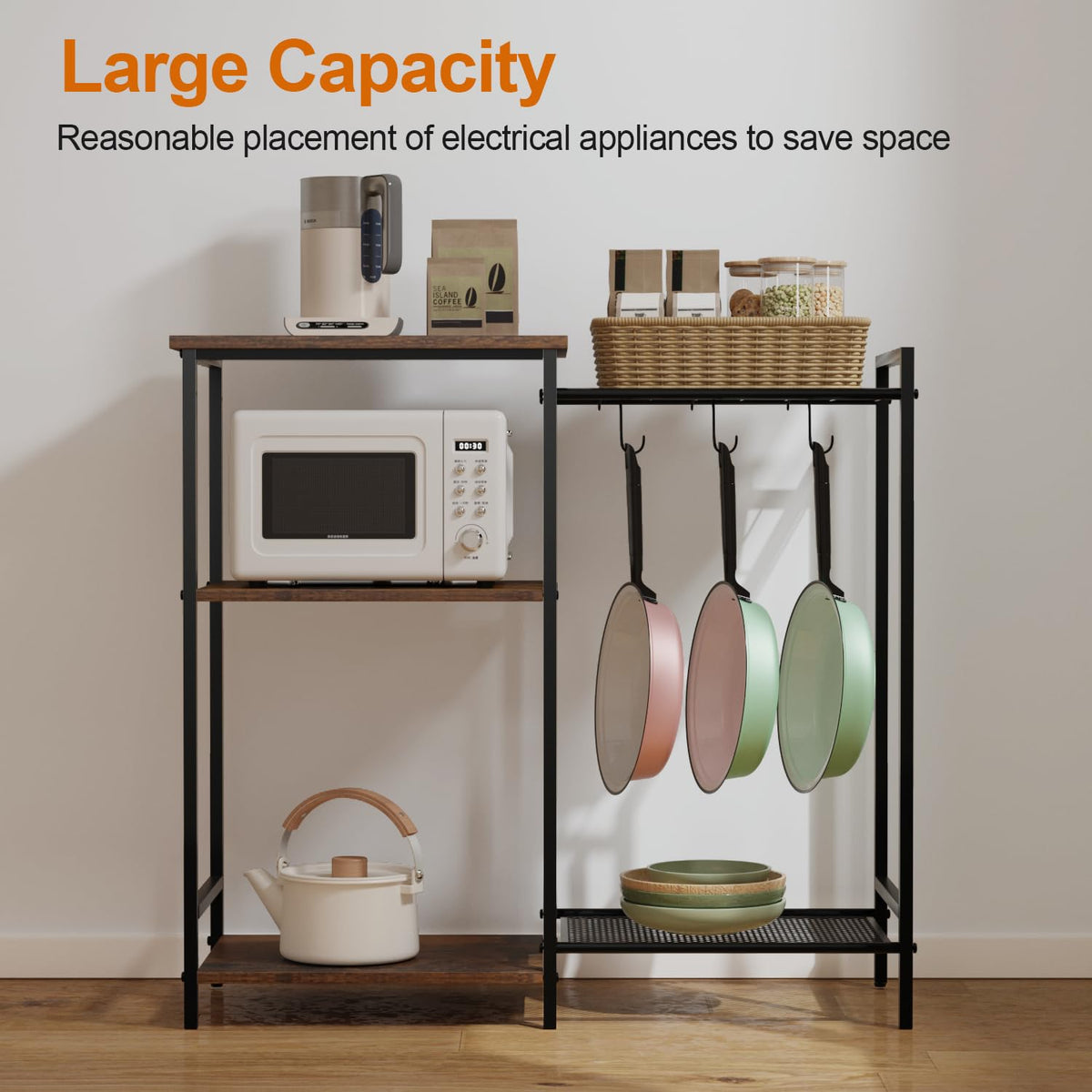 INHABIT UNION Kitchen Stand with Pots Rack Microwave Oven Stand with Storage, Small Bakers Rack Stand with 3 Hooks, Coffee Bar Table with Storage for Spices,Pots,Utensils,Pans,Foods,Rustic Brown
