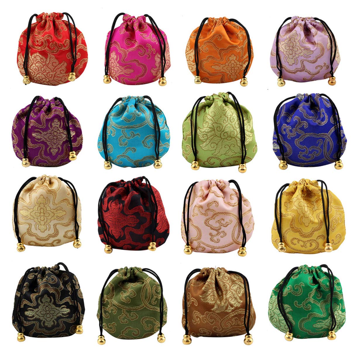 Halloluck 16 pcs Silk Brocade Jewelry Pouch Bag, Drawstring Coin Purse Gift Bag