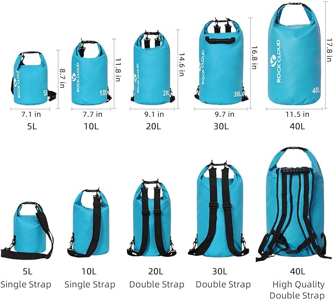 ROCK CLOUD Dry Bag Waterproof 10L Dry Sack for Kayaking Rafting Boating Beach Surfing Swimming Canoe Camping Hiking Fishing Ski, Lake Blue