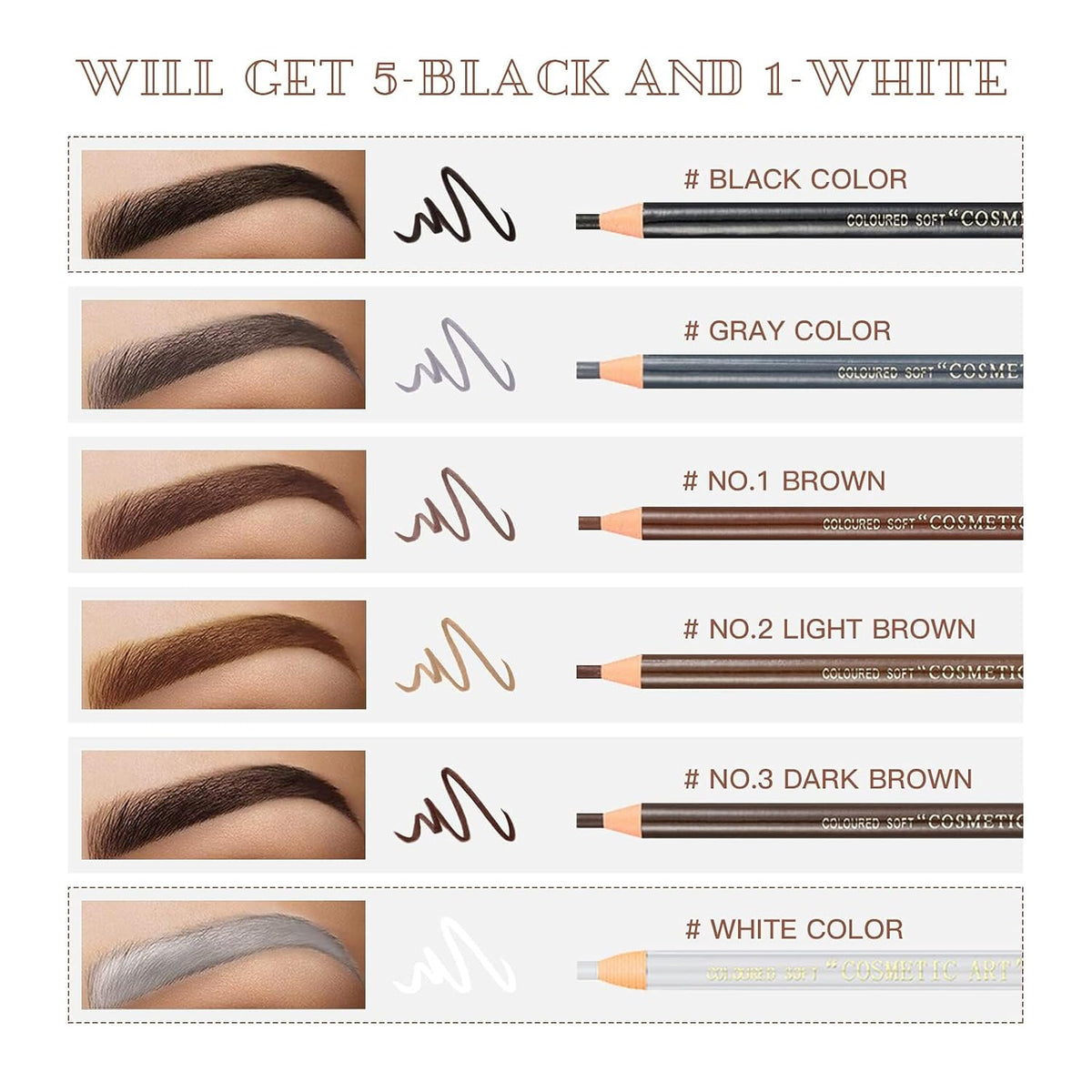 Waterproof Eye-Brows Pen-cil Set, Pull Cord Peel-off Eyebrow Pencil Microblading Eyebrow Pen Supplies Kit, White Eye-Liner Pencil and Eyebrows Tool Tattoo Makeup For Marking (5+1 Black)