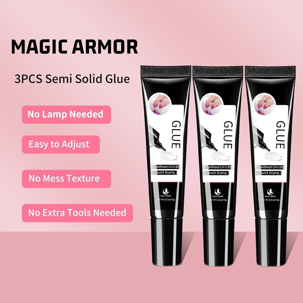 3Pcs Solid Nail Glue Gel for Press On Nail, No UV Lamp, Super Strong, Quick Drying, Semi Solid, Long Lasting, Clear/Transparent (15g x3)