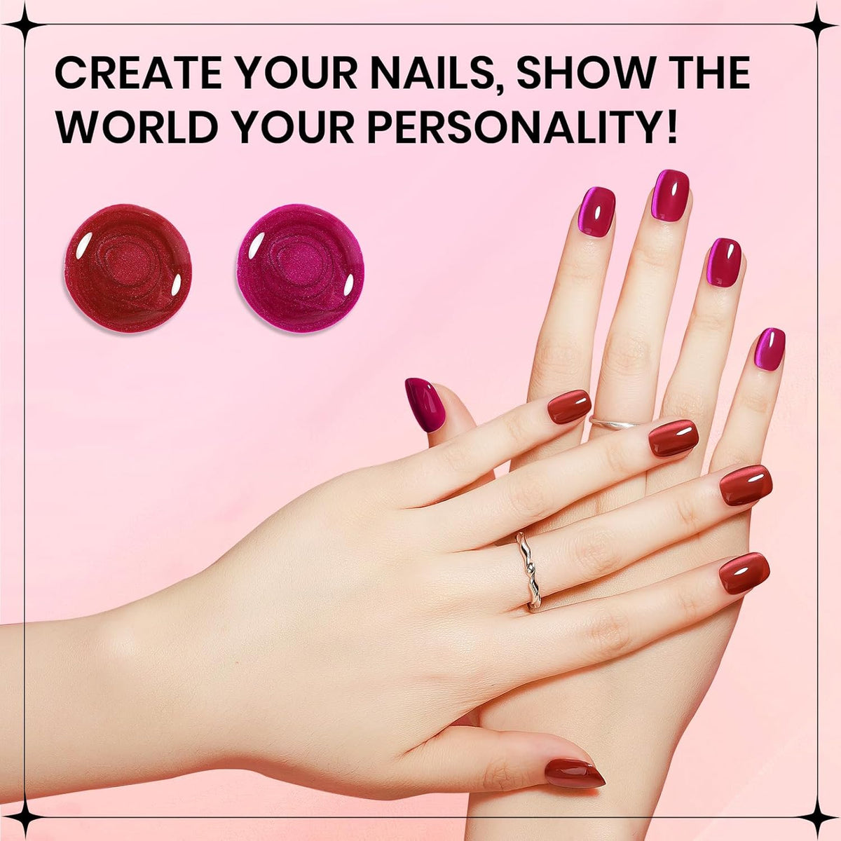 2PCS 15ML Cat Eye Gel Polish, Hot Pink Red Glass Moonlight Cateye Gel Nail Polish with Magnetic Stick Shimmer Glitter Effect Soak Off Salon DIY at Home