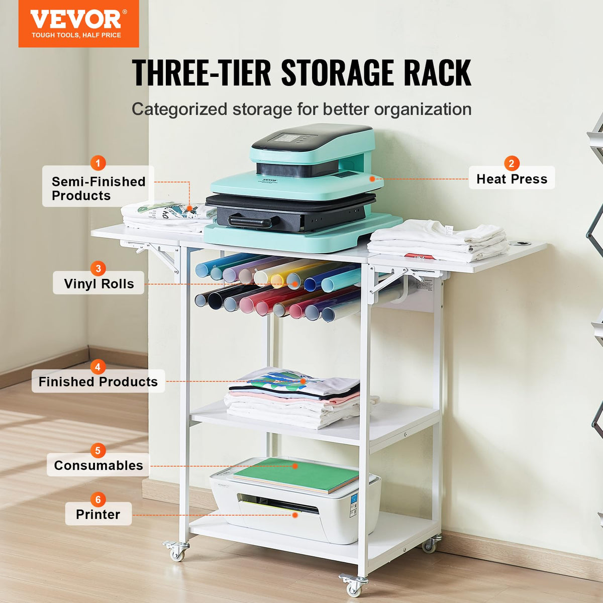 VEVOR 3 Tier Movable Heat Press Table, Foldable Heat Transfer Machine Stand with Vinyl Roll Holder, Heavy Duty Rolling Metal Workbench for DIY Sublimation Transfer Machine and Printer