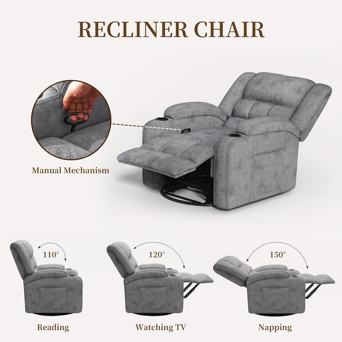 Furnimart 360° Swivel Rocker Recliner with Heat and Massage, Manual Comfy Recliner Chair for Adult, Chenille Glider Rocker Chaise Lounge for Living Room, Bedroom, Home Theater (Gray)