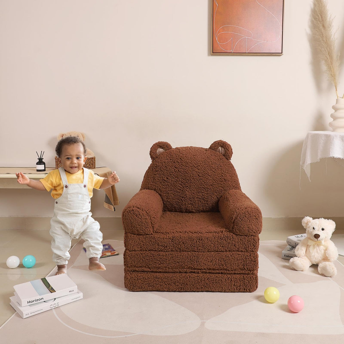 MOMCAYWEX Foldable Kids Sofa, Sherpa Teddy Bear Toddler Couch with Tri Folding Foam Cushions, Comfy Couch for Kids Age 18 Months and Up