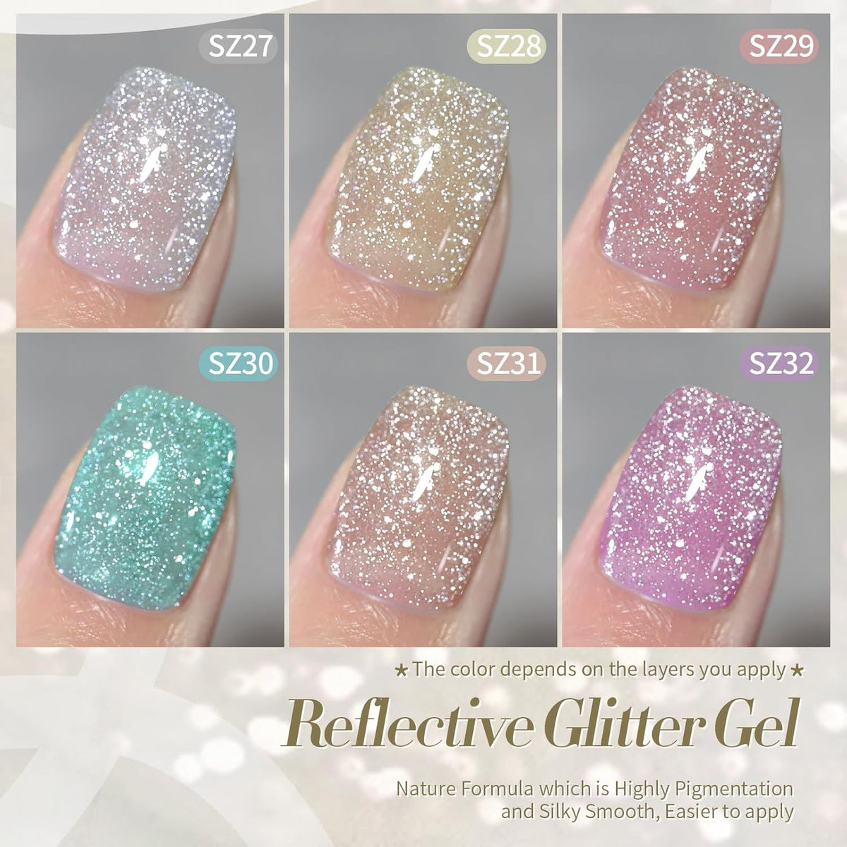 Born Pretty Reflective Glitter Gel Nail Polish, 6 Spring Summer Colors Holographic Gel Polish Long Lasting Sparkly Shiny Nail Polish U V Set for Manicure and Nail Art, DIY at Home, Salon-Quality 7ml