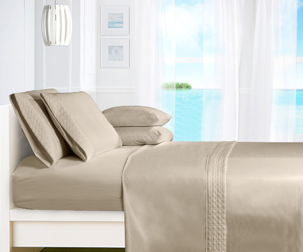 Elegant Comfort Luxury Soft Coziest 4-Piece Bed Sheet Set 1500 Thread Count Egyptian Quality Wrinkle Resistant Beautiful Quilted Design on Flat Sheet and Pillowcases, Full, Cream