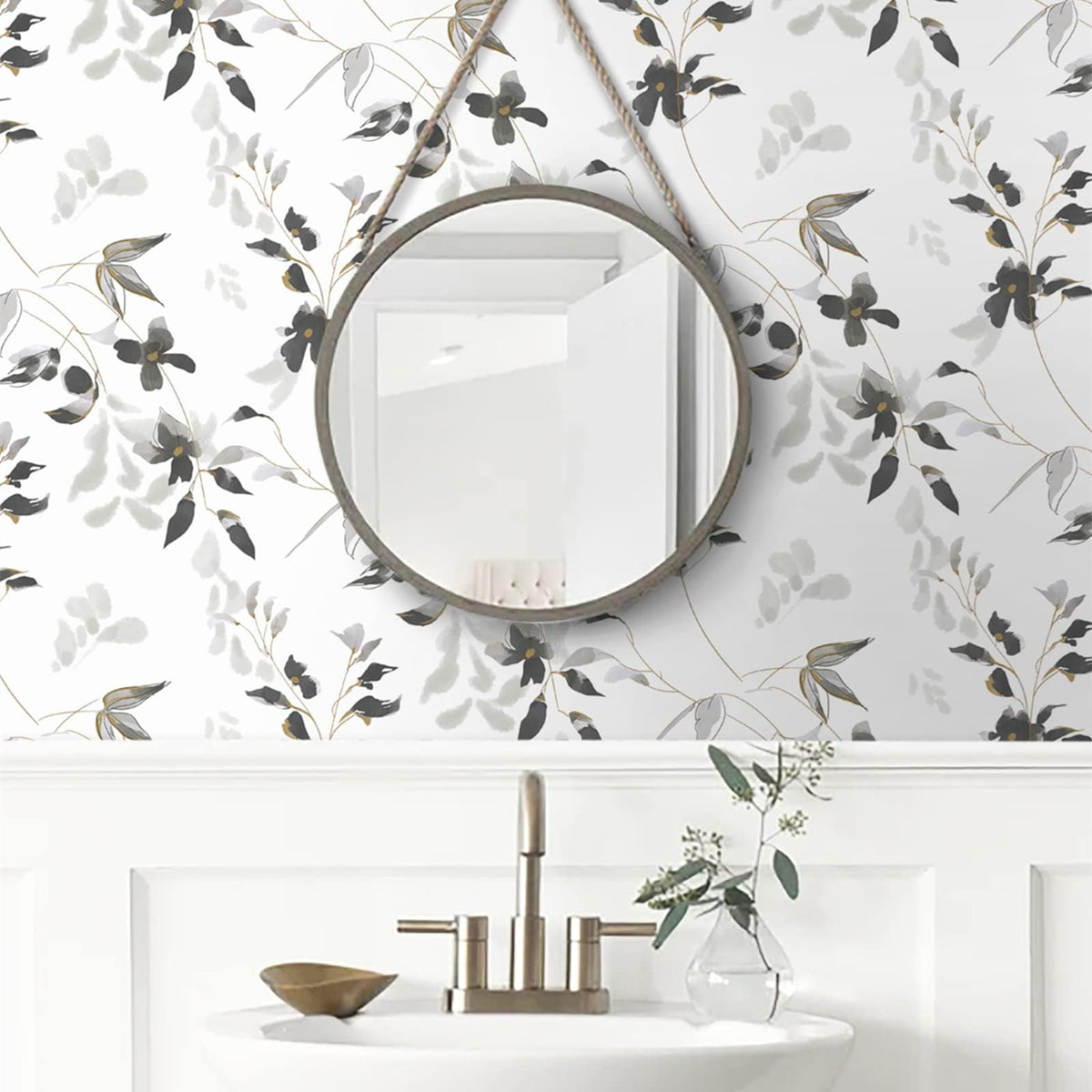 HeloHo Black and White Peel and Stick Wallpaper Boho Floral Wallpaper Leaf Self Adhesive Removable Wall Paper Waterproof Contact Paper for Bathroom Living Room Bedroom Cabinets Decor 15.35" x 118"
