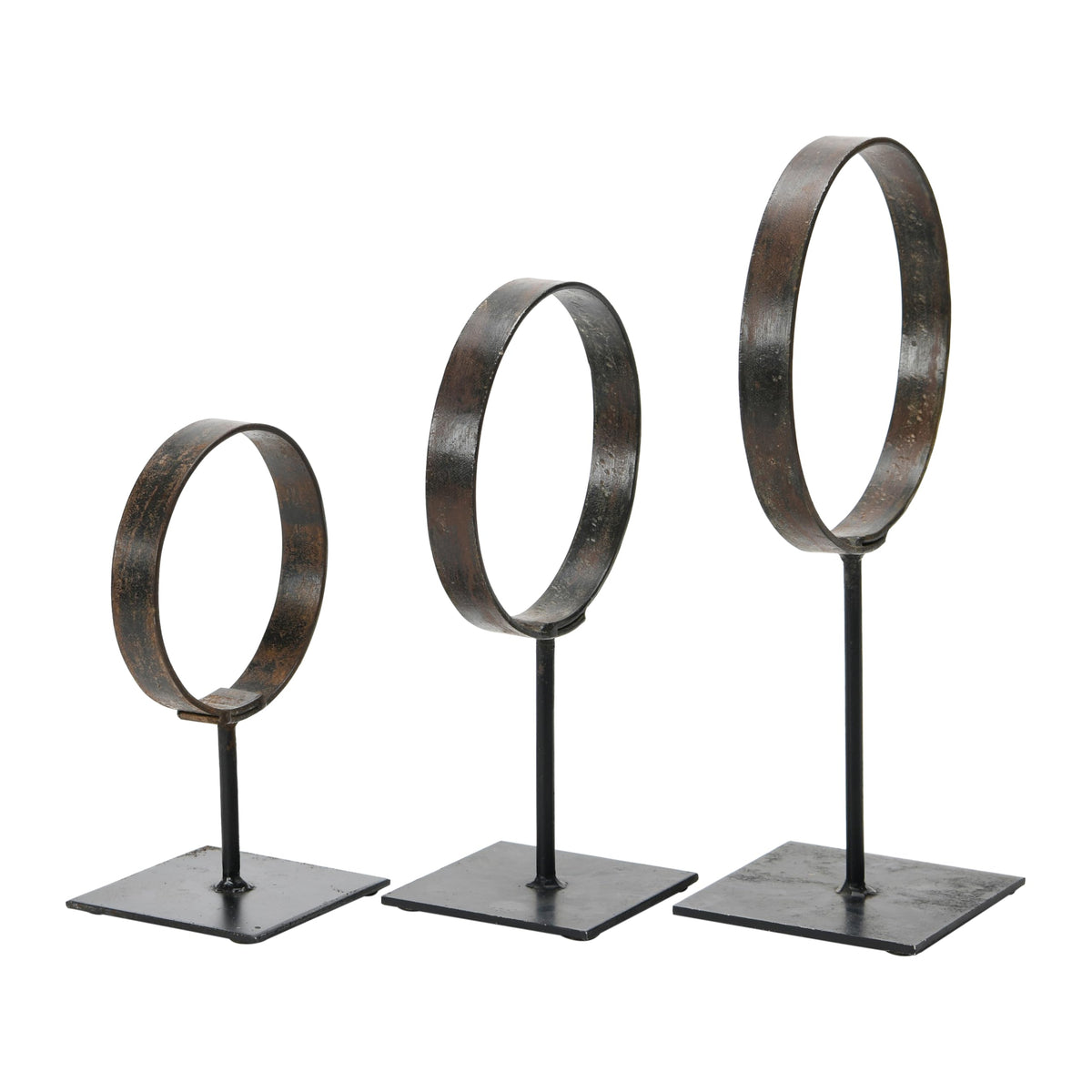 Creative Co-Op Decorative Modern Found Metal Rings on Stands, Black, Set of 3
