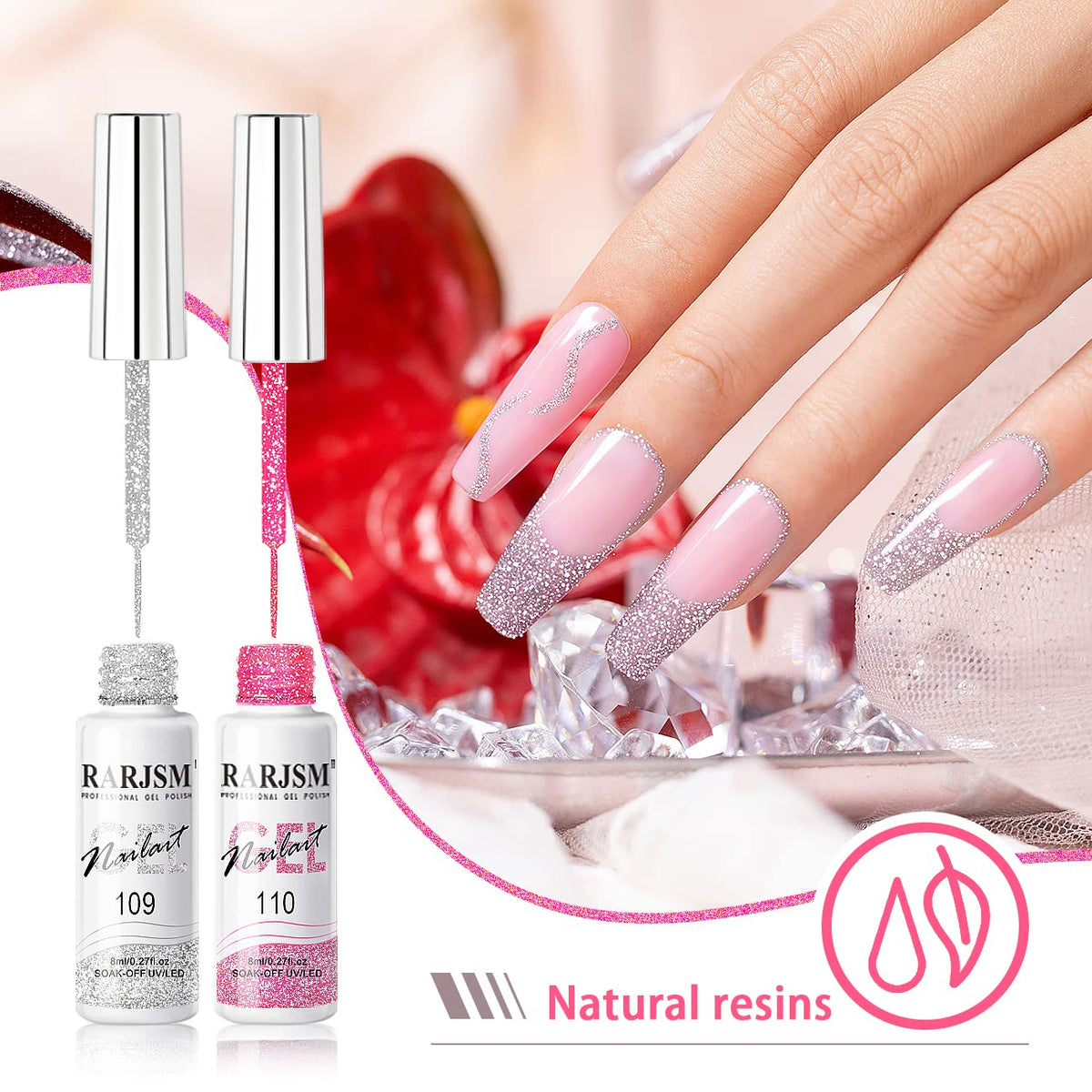 RARJSM Gel Liner Nail Art Reflective Glitter Gel Nail Polish Thin Brush Silver Neon Hot Pink Flash Diamond PaintedGel 2PCS Set Soak off Curing Requires 8ml for Home Salon Diy Nail Design Decoration