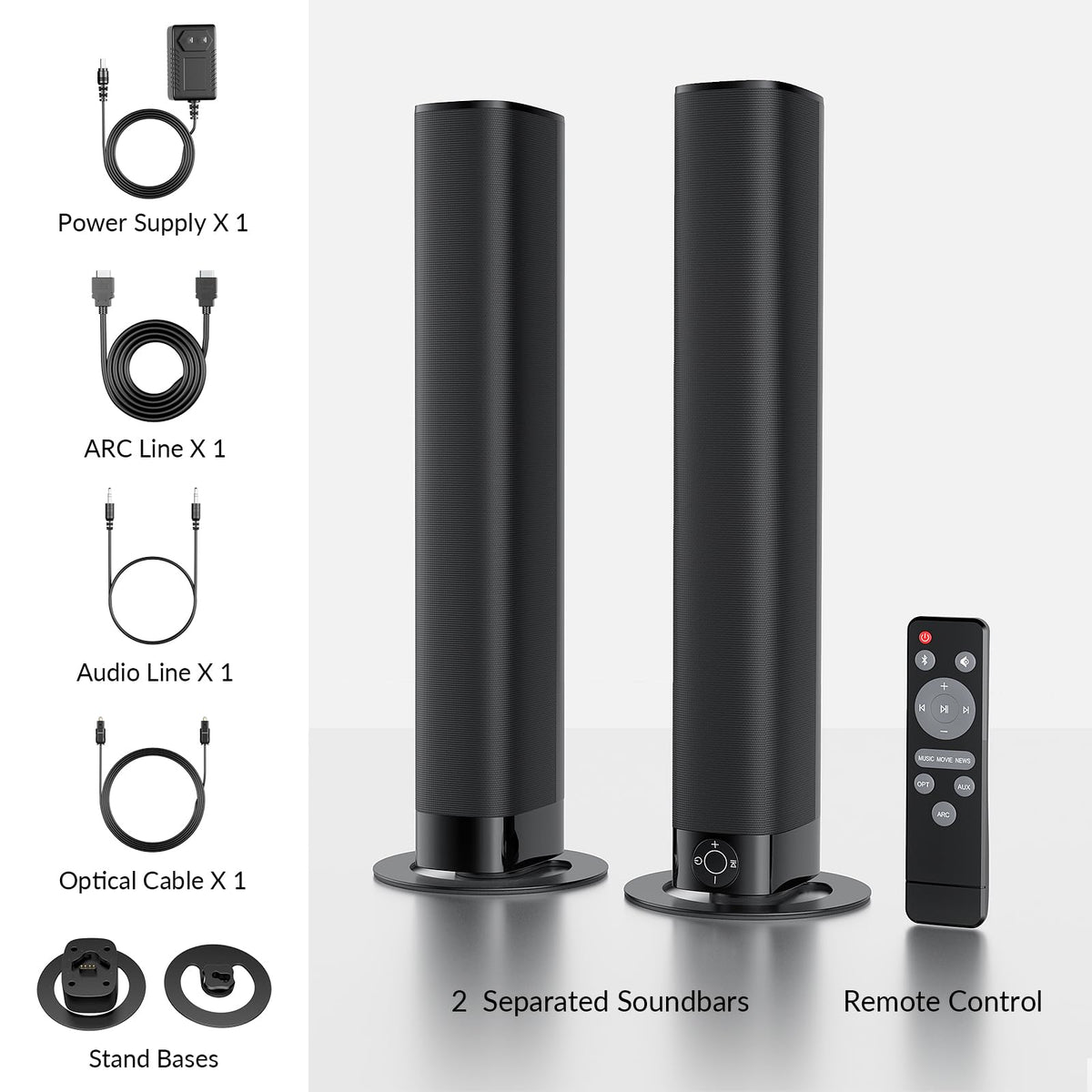 Assistrust Sound Bar for Smart TV, Soundbar with Bluetooth/ARC/Opt/AUX Connect, Auto Volume Boost, 3 Equalizer Modes, 2 in 1 Detachable Soundbar for TV/PC/Gaming/Projectors