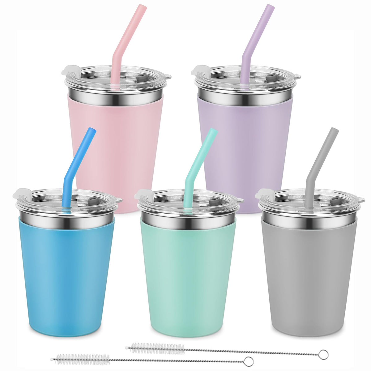 Rommeka Stainless Steel Sippy Cup, 5-Pack Kids & Toddler Cups with Silicone Sleeves and Straws, Dishwasher Safe, 12 Oz Kids Tumblers For Travel or At Home