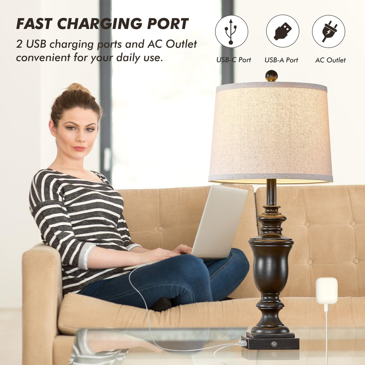 SAIWEYA 27.5" Set of 2 Farmhouse Table Lamps for Bedroom, 3 Way Dimmable Bedside Lamp with 2 USB +AC Outlet Nightstand Lamps for Living Room Resin Rustic Touch Lamps (Antique Black)