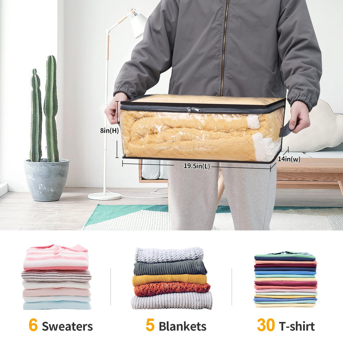 Fixwal 6pcs Clear Blanket Storage Bags with Zipper, Plastic Storage Bags for Closet Clothes Comforter Toys Sweaters Bedding, Bed Sheet Organizers (35L, 9.5 Gallons)
