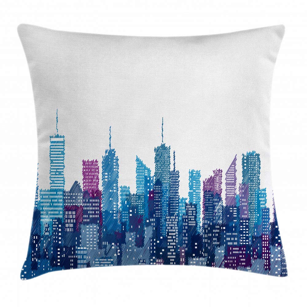 Lunarable New York Throw Pillow Cushion Cover, Skyline of NYC Manhattan Brooklyn Bronx Queens Scratched Pattern, Decorative Square Accent Pillow Case, 18" X 18", Pale Blue