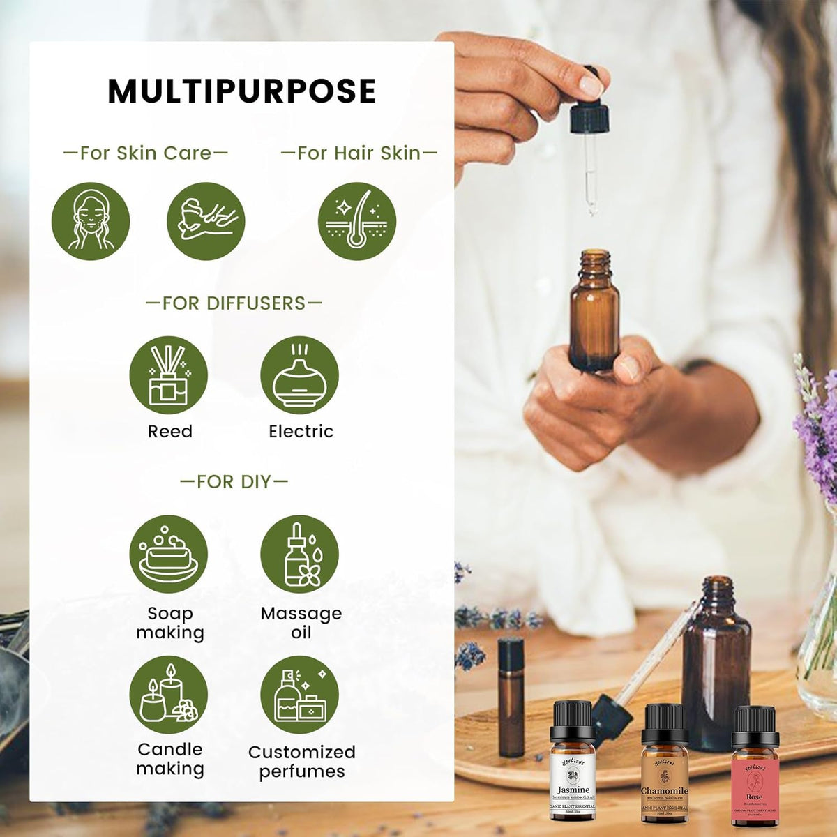yethious Rose Jasmine Chamomile Essential Oil Set Organic 100% Pure Aromatherapy Oil for Diffuser, Soap, Candle Making 3 X 10ML